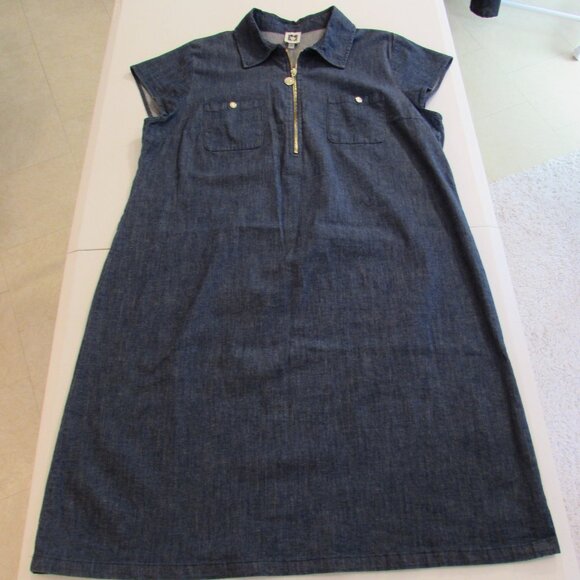 Anne Klein Denim Chambray Shift Dress Cap Sleeve Gold Zip Size 14 - Picture 1 of 16